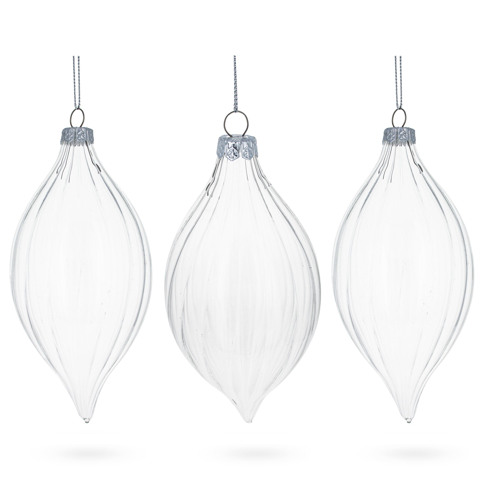 Set of 3 Striped Rhombus Finial Clear Glass Ornament 5.8 Inches