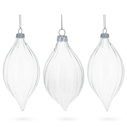Set of 3 Striped Rhombus Finial Clear Glass Ornament 5.8 Inches