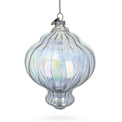 Lantern Shape Finial Clear Iridescent Glass Christmas Ornament 5.3 Inches