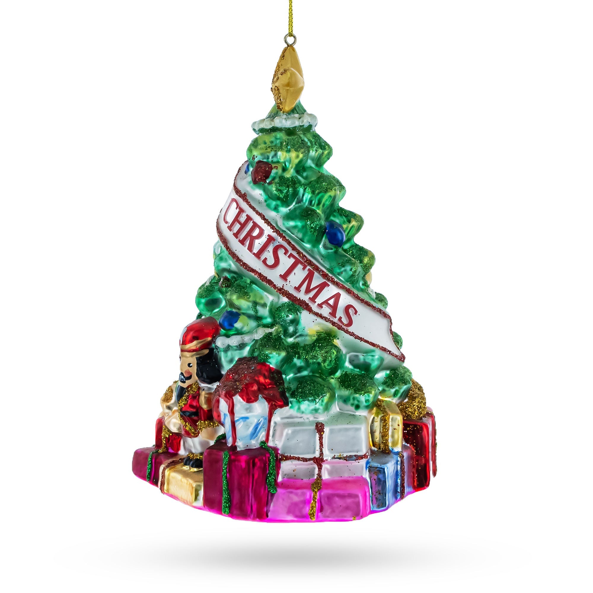 Charming Christmas Tree with Gifts Glass Christmas Ornament