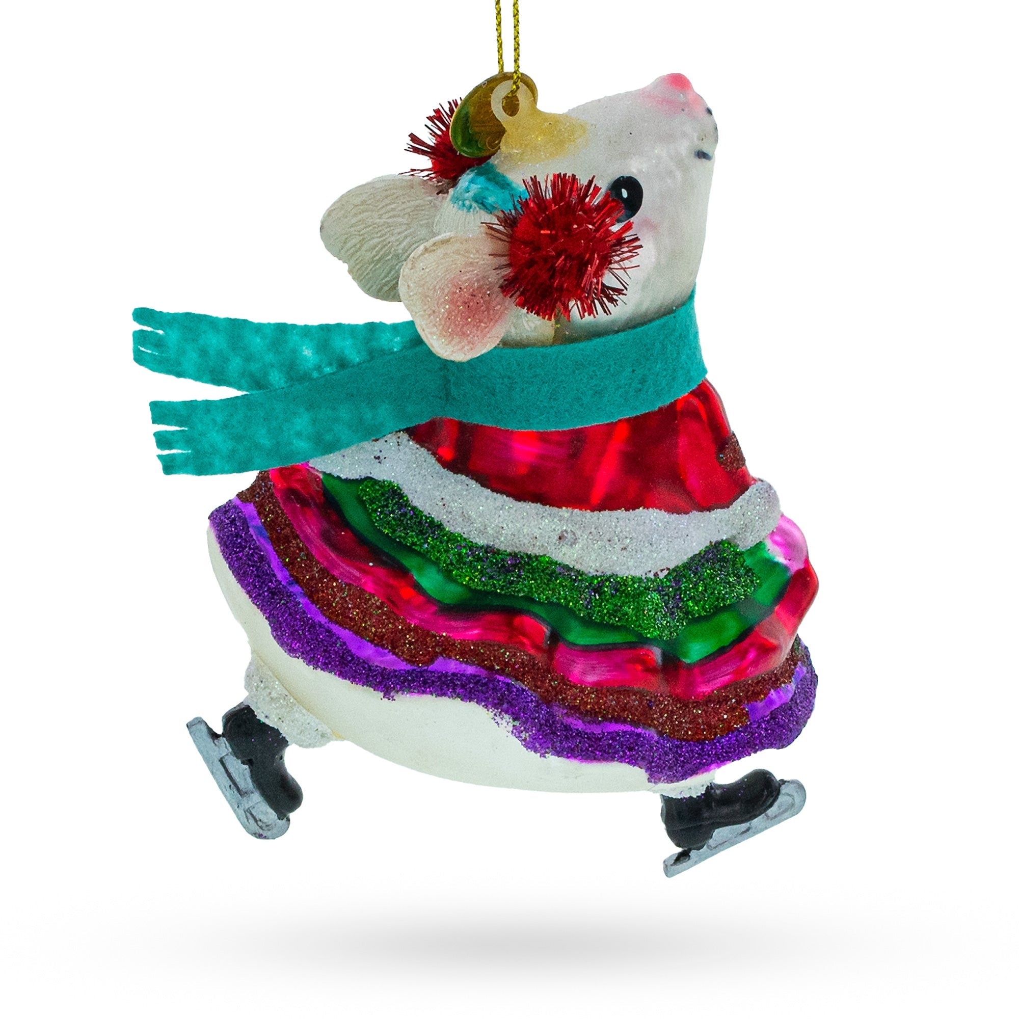 Mouse on Ice Skates Glass Christmas Ornament