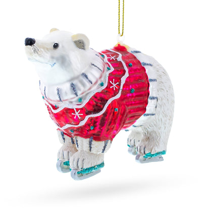 Polar Bear Wearing a Festive Sweater Glass Christmas Ornament