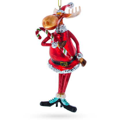 Chubby Moose with Candy Cane Glass Christmas Ornament