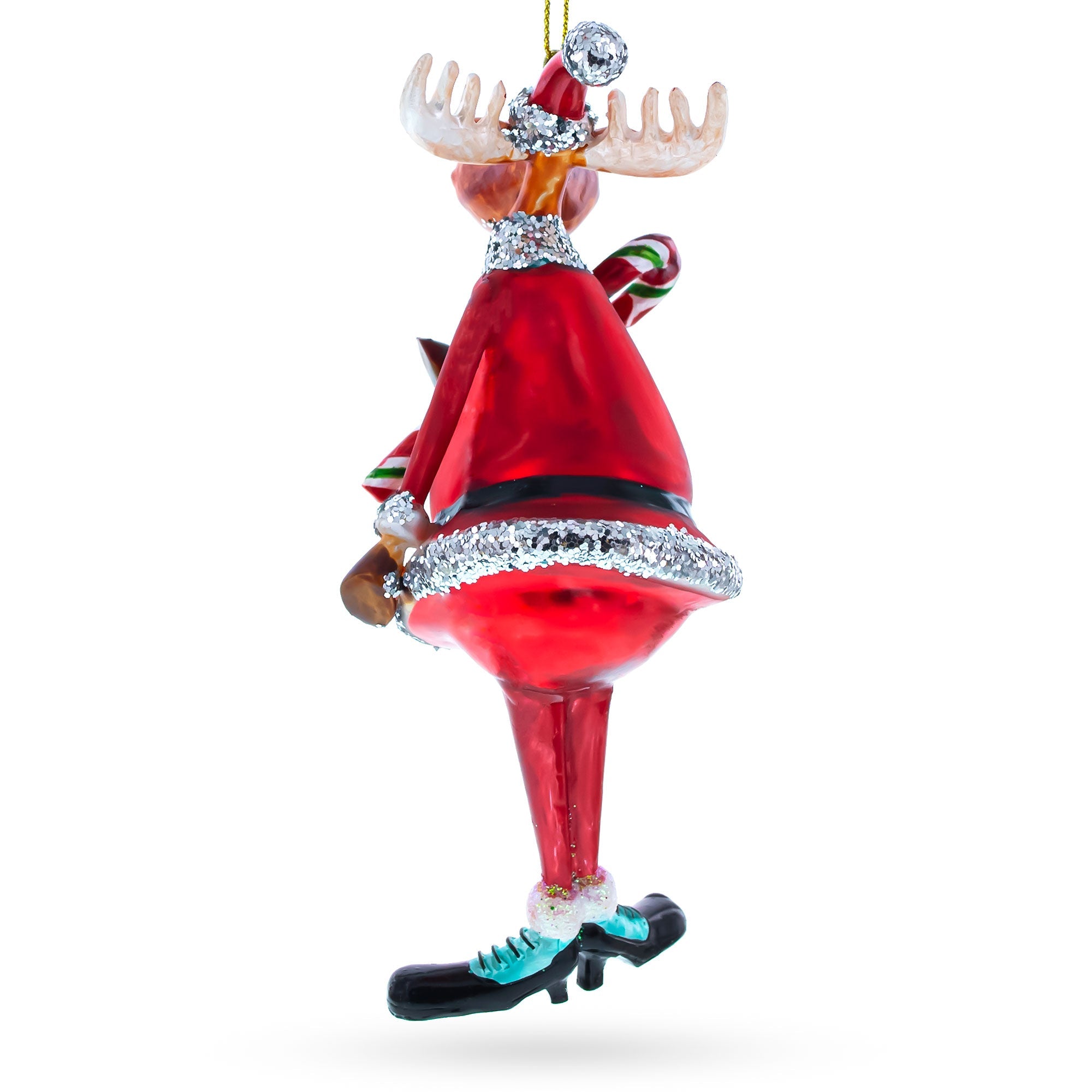 Chubby Moose with Candy Cane Glass Christmas Ornament