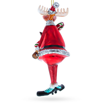 Chubby Moose with Candy Cane Glass Christmas Ornament