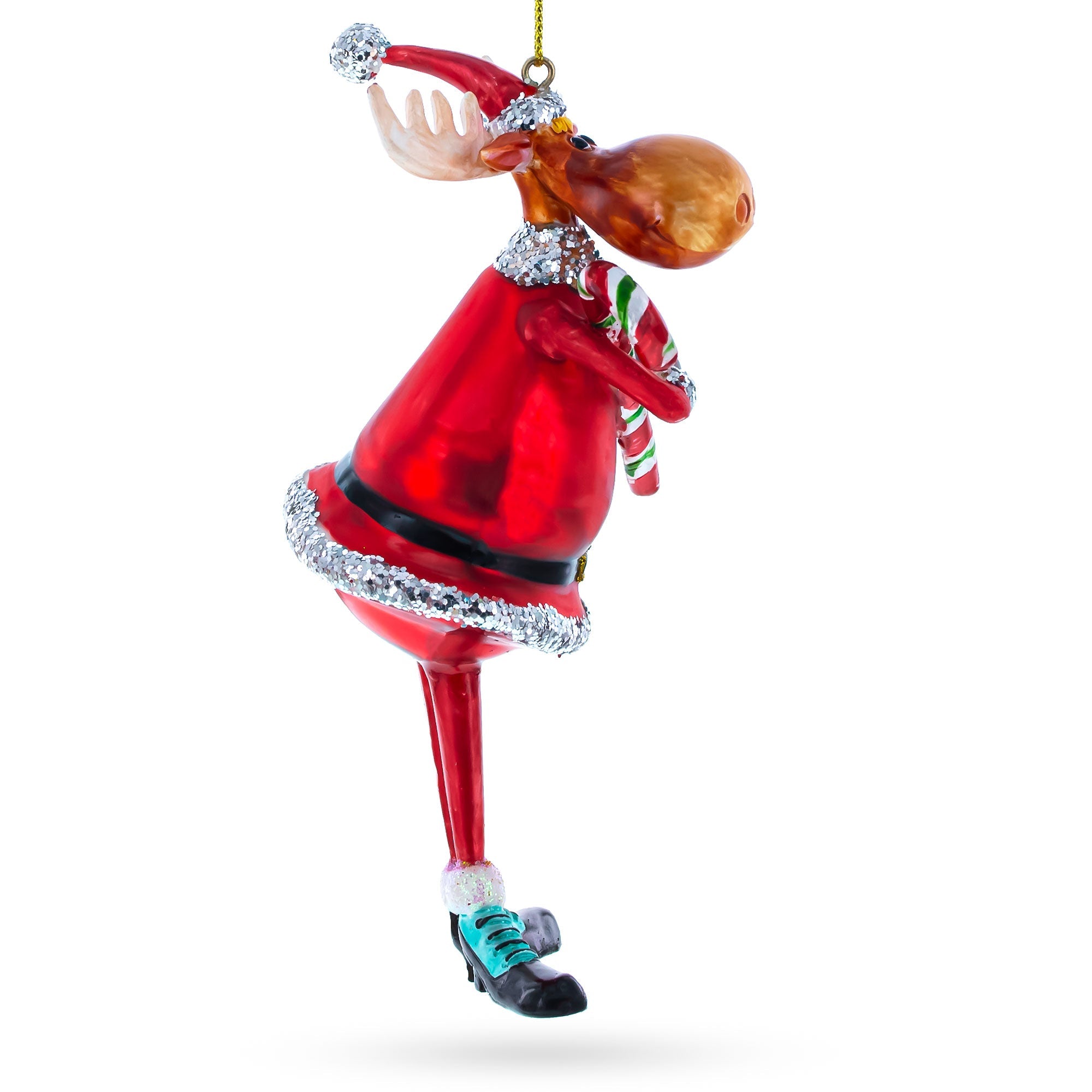 Chubby Moose with Candy Cane Glass Christmas Ornament