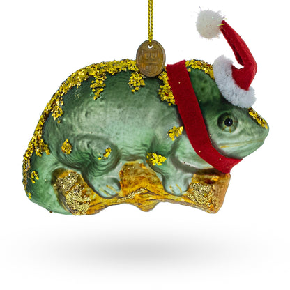 Chameleon in Santa Hat Glass Christmas Ornament