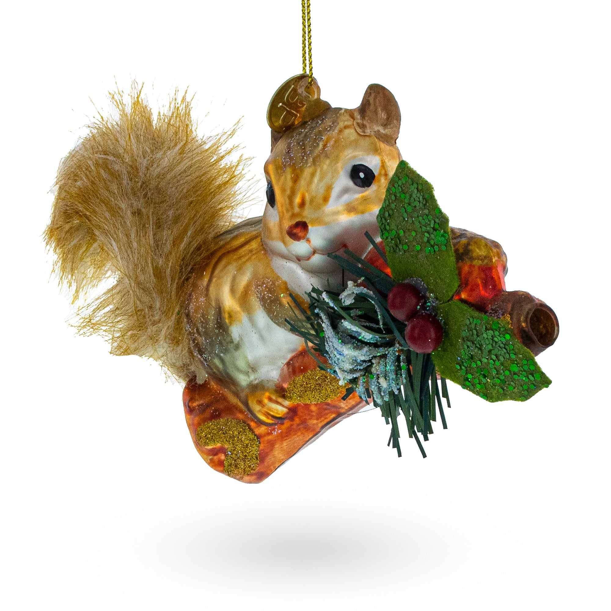Squirrel on a Blossoming Branch Glass Christmas Ornament