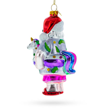 Beach Santa with Unicorn Floatie Glass Christmas Ornament