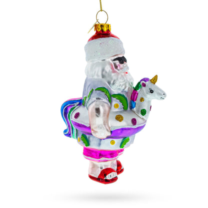 Beach Santa with Unicorn Floatie Glass Christmas Ornament