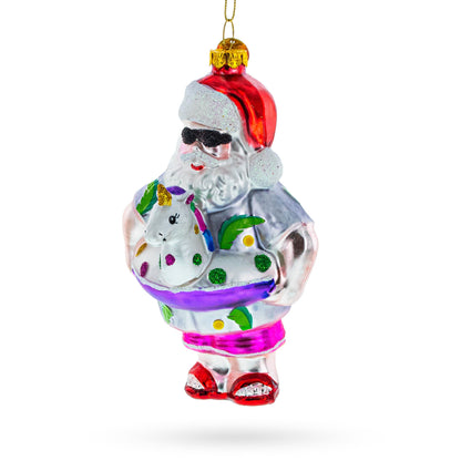 Beach Santa with Unicorn Floatie Glass Christmas Ornament