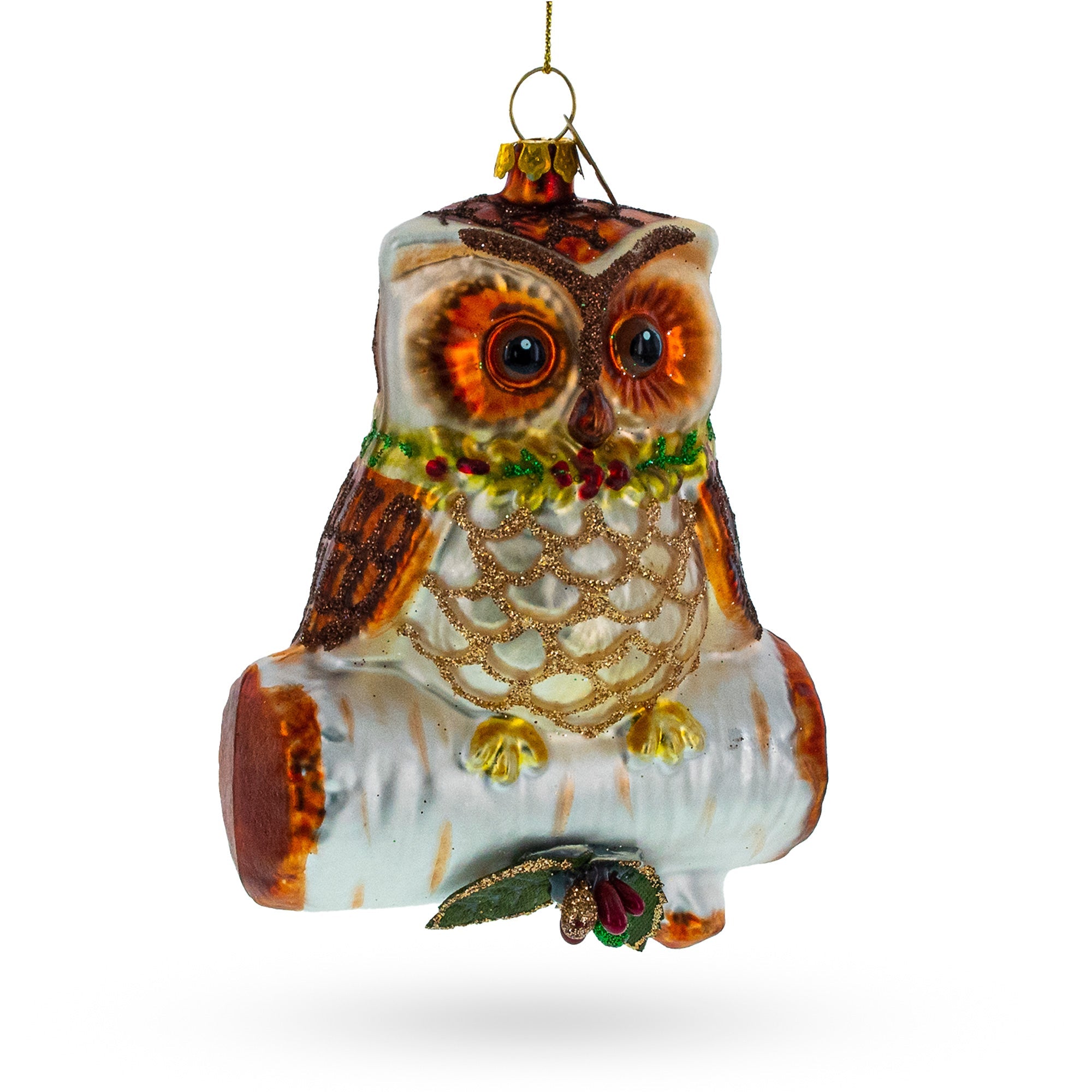 Wise Owl on Branch Glass Christmas Ornament