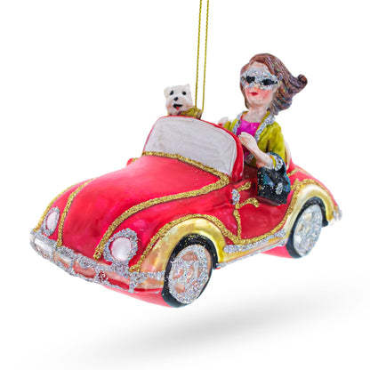 Stylish Woman Driving Pink Cabriolet Glass Christmas Ornament BestPysanky
