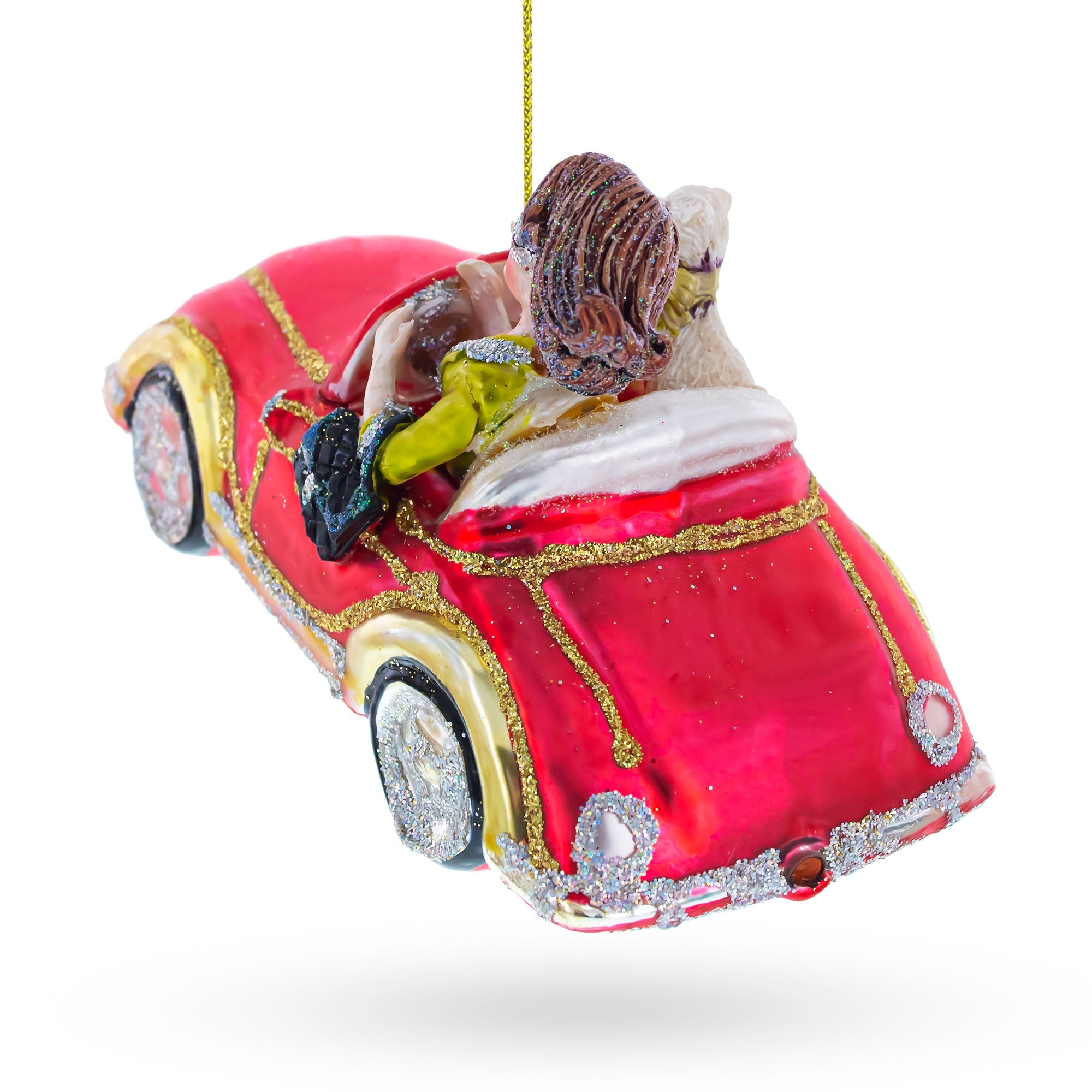 Stylish Woman Driving Pink Cabriolet Glass Christmas Ornament BestPysanky