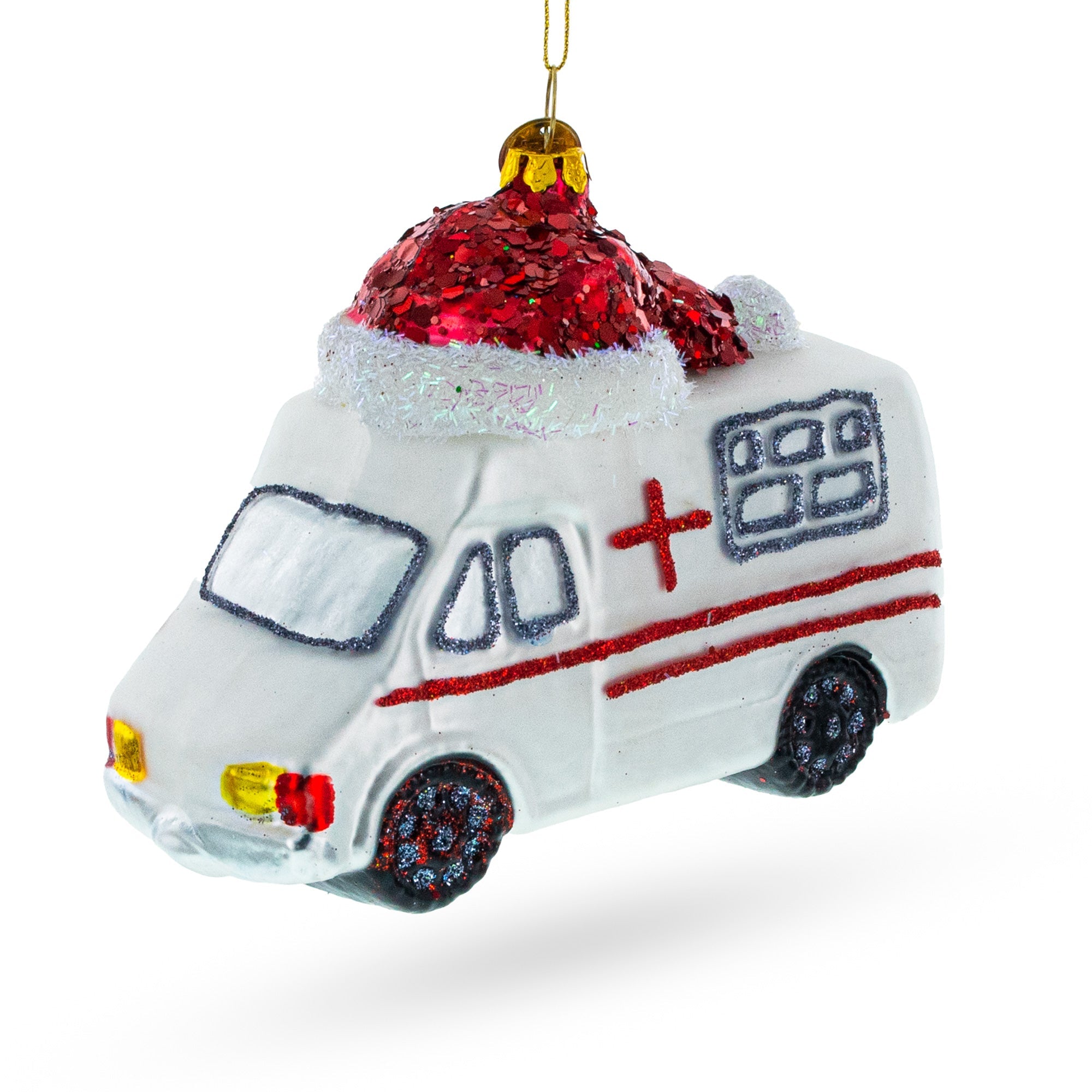 Ambulance in a Santa Hat Glass Christmas Ornament
