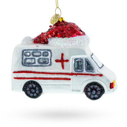 Ambulance in a Santa Hat Glass Christmas Ornament