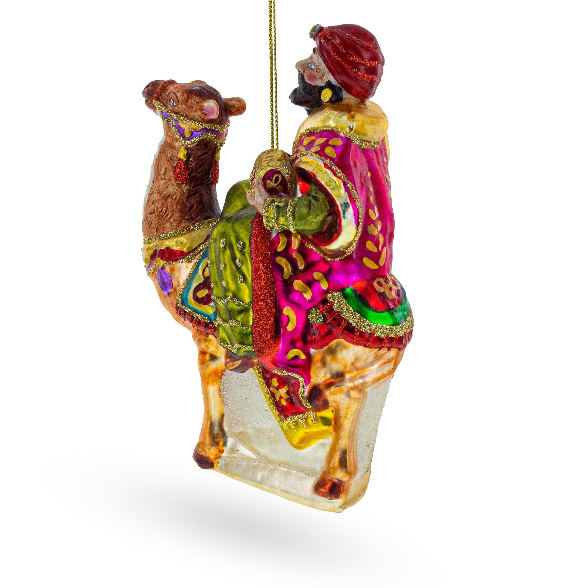 Majestic Wiseman with Gifts on Camel Glass Christmas Ornament