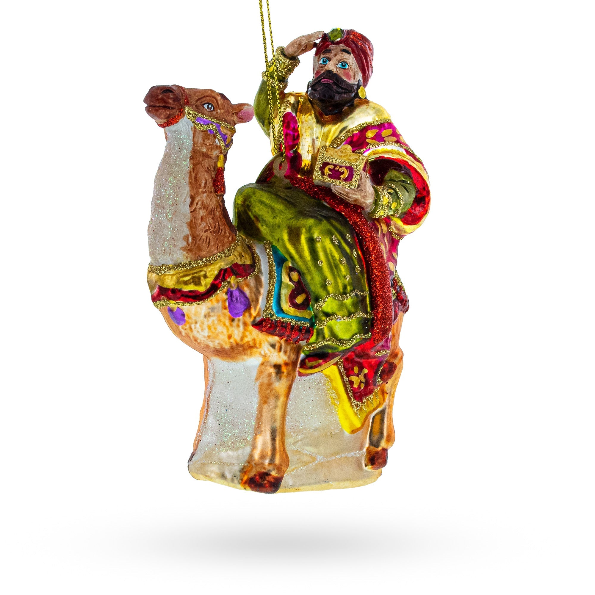 Majestic Wiseman with Gifts on Camel Glass Christmas Ornament