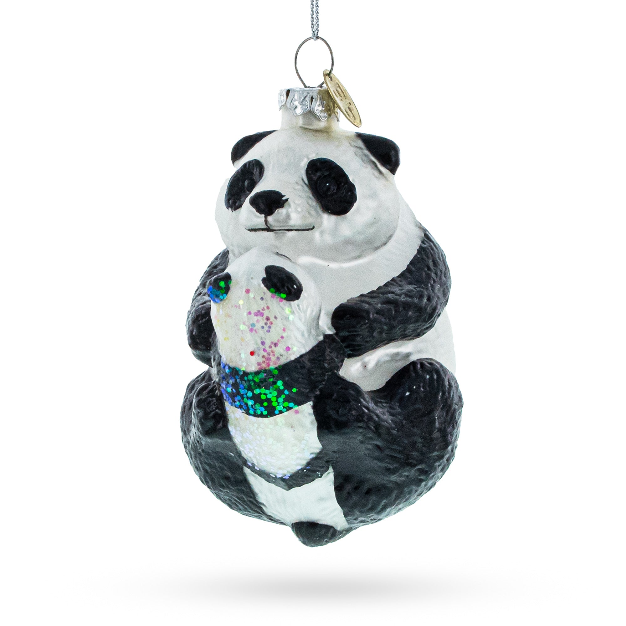 Mother and Baby Panda Embrace Glass Christmas Ornament