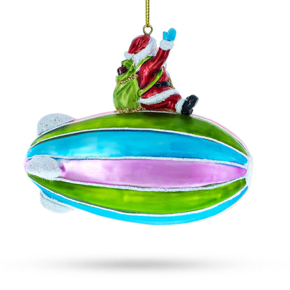 Santa Flying on Zeppelin Blimp Glass Christmas Ornament