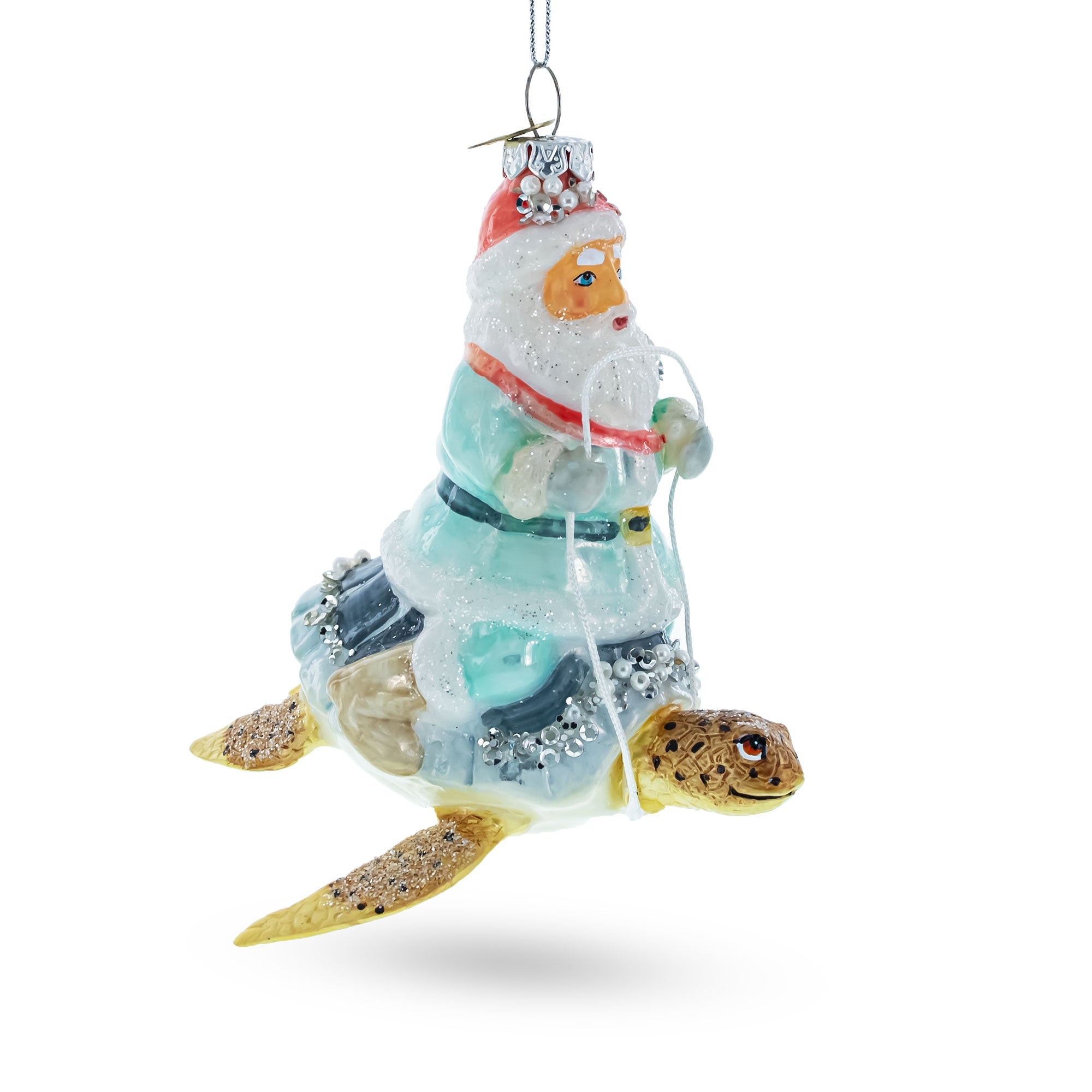 Santa Riding Turtle Glass Christmas Ornament