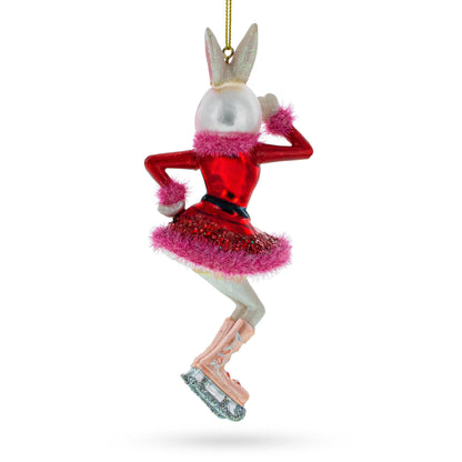 Bunny Ice Skater In Red Dress Glass Christmas Ornament