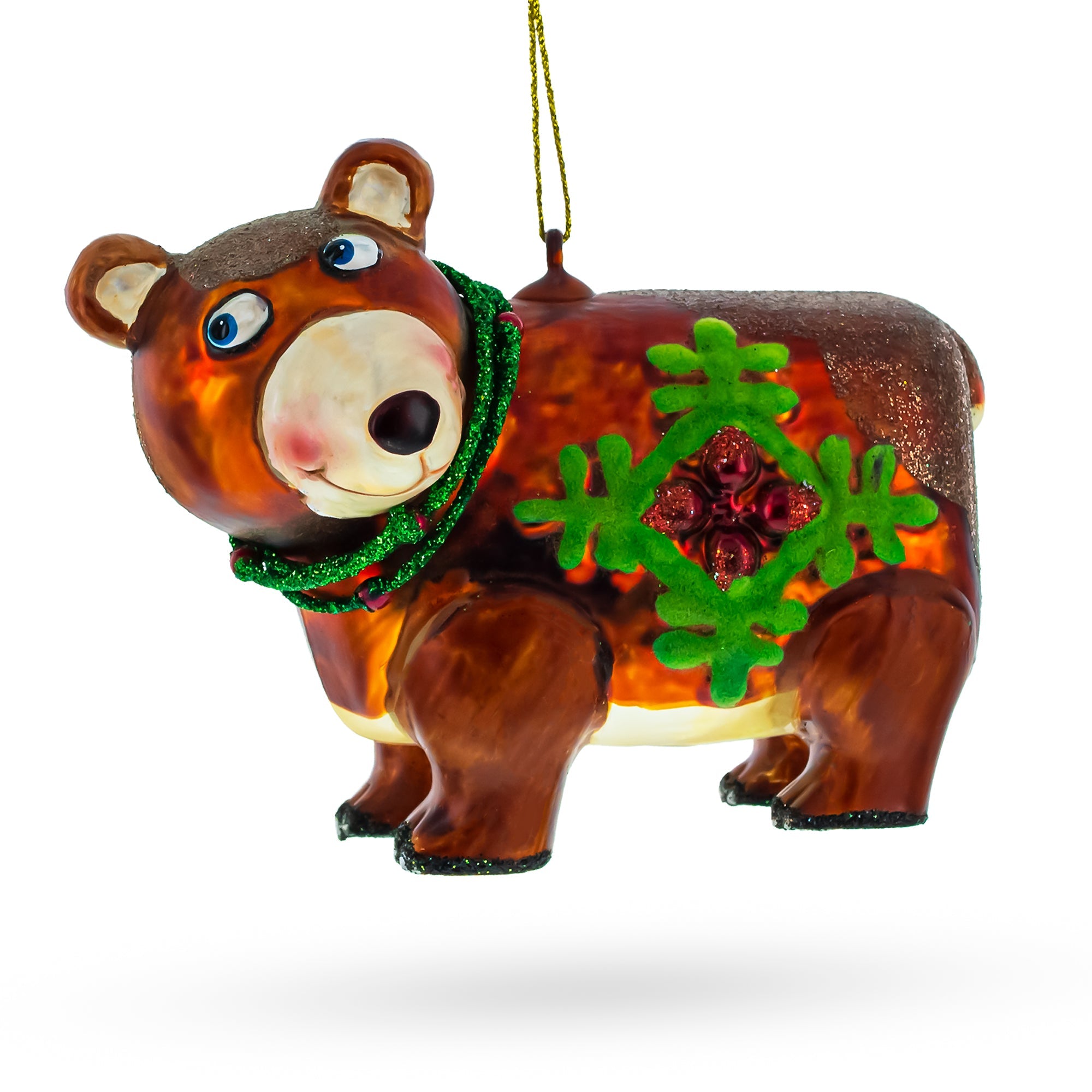Brown Bear Holding a Poinsettia Glass Christmas Ornament