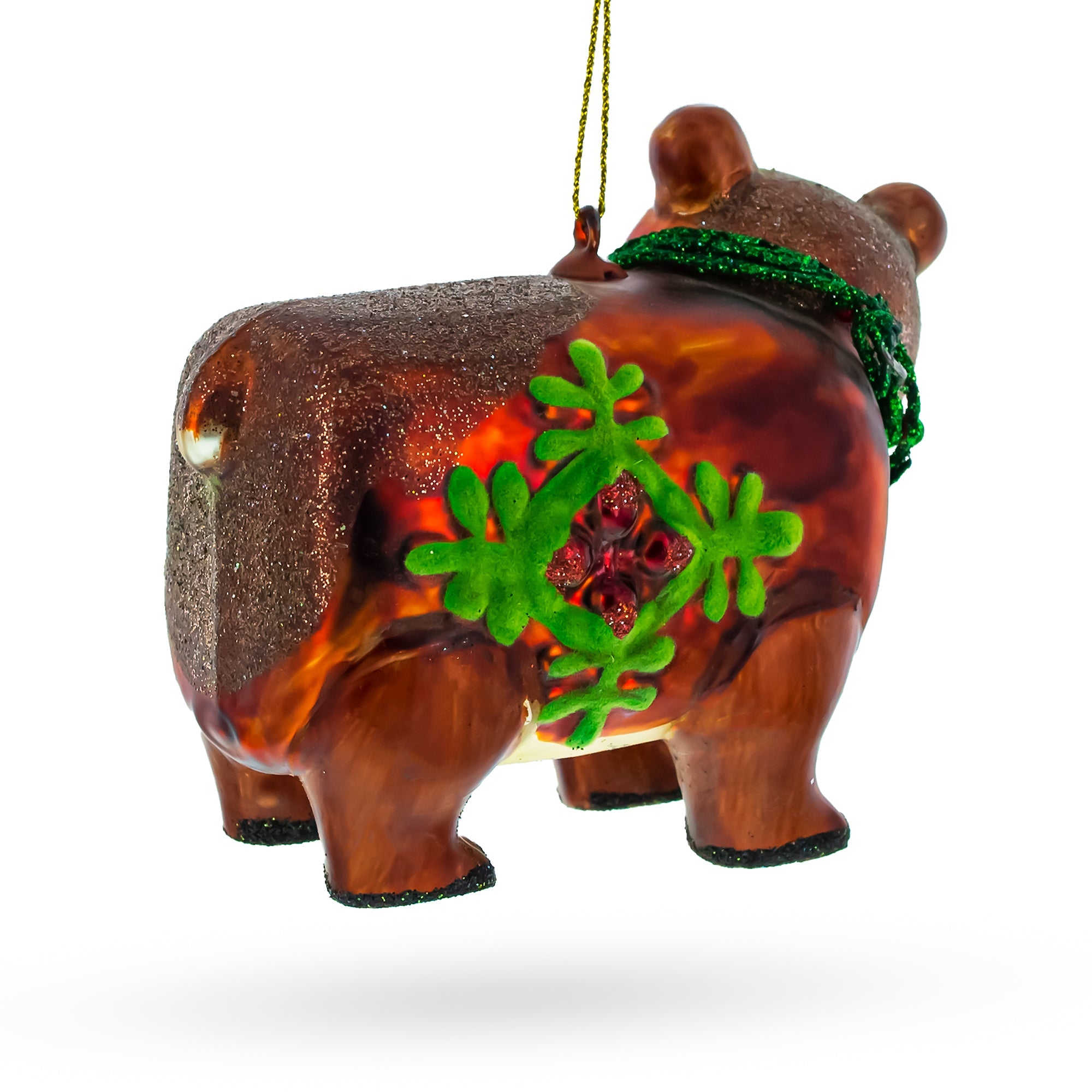 Brown Bear Holding a Poinsettia Glass Christmas Ornament