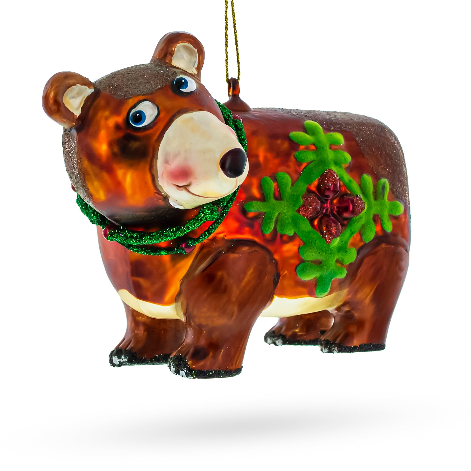 Brown Bear Holding a Poinsettia Glass Christmas Ornament