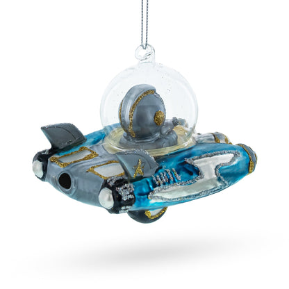 Santa Riding Spaceship Glass Christmas Ornament