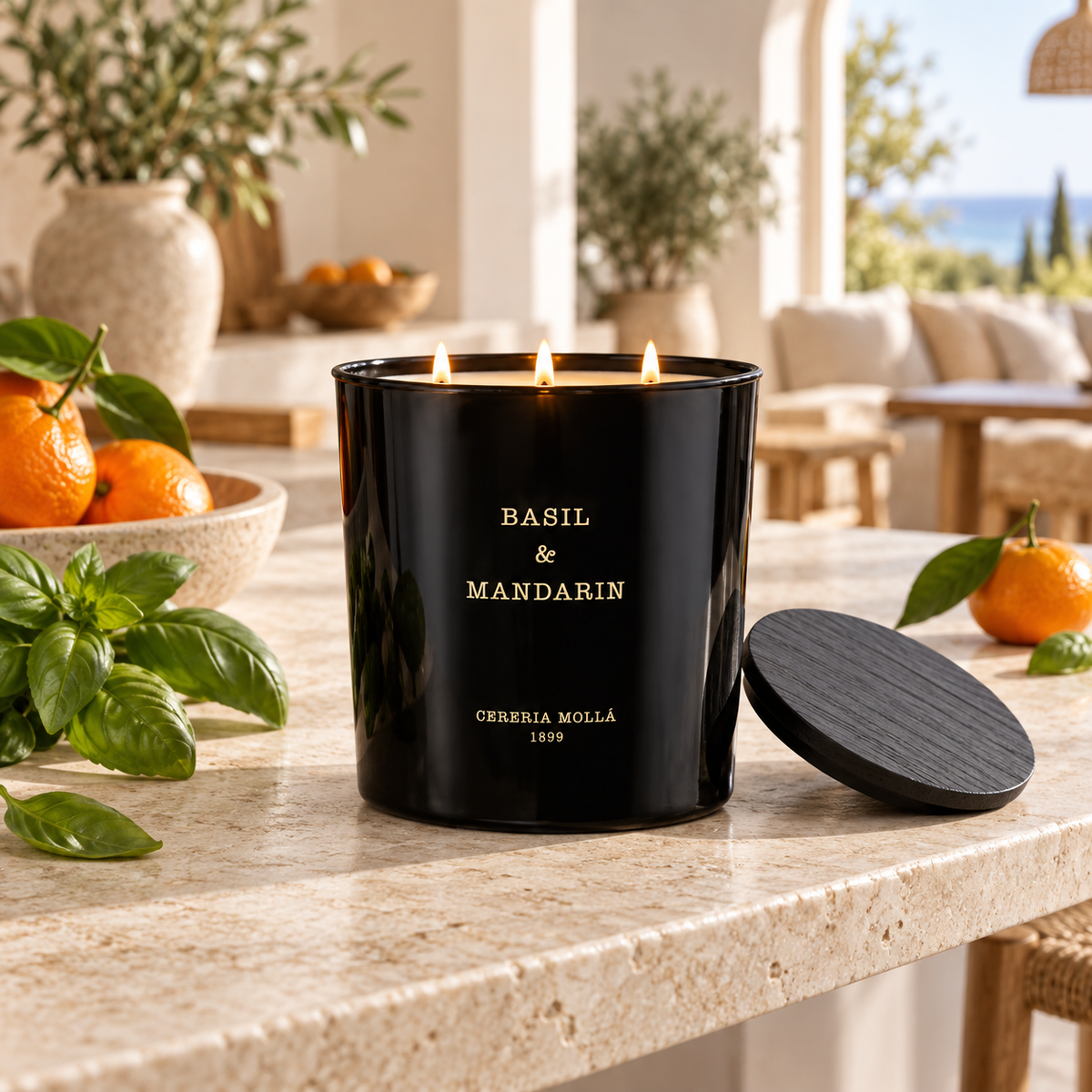 Cereria Molla Basil & Mandarin 3-wick XL candle in a Mediterranean interior