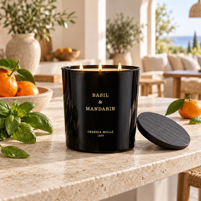 Cereria Molla Basil & Mandarin 3-wick XL candle in a Mediterranean interior