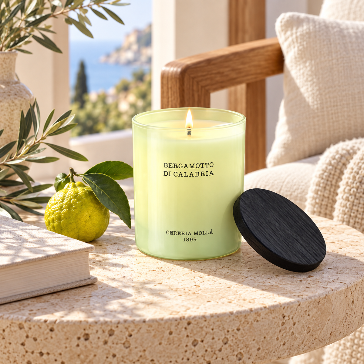 Cereria Molla Bergamotto di Calabria 230 g candle in a Mediterranean interior