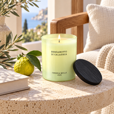 Cereria Molla Bergamotto di Calabria 230 g candle in a Mediterranean interior