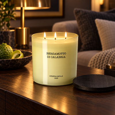 Cereria Molla Bergamotto di Calabria 3-wick XL candle in an elegant evening lounge