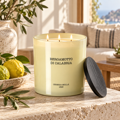 Cereria Molla Bergamotto di Calabria 3-wick XL candle in a Mediterranean interior