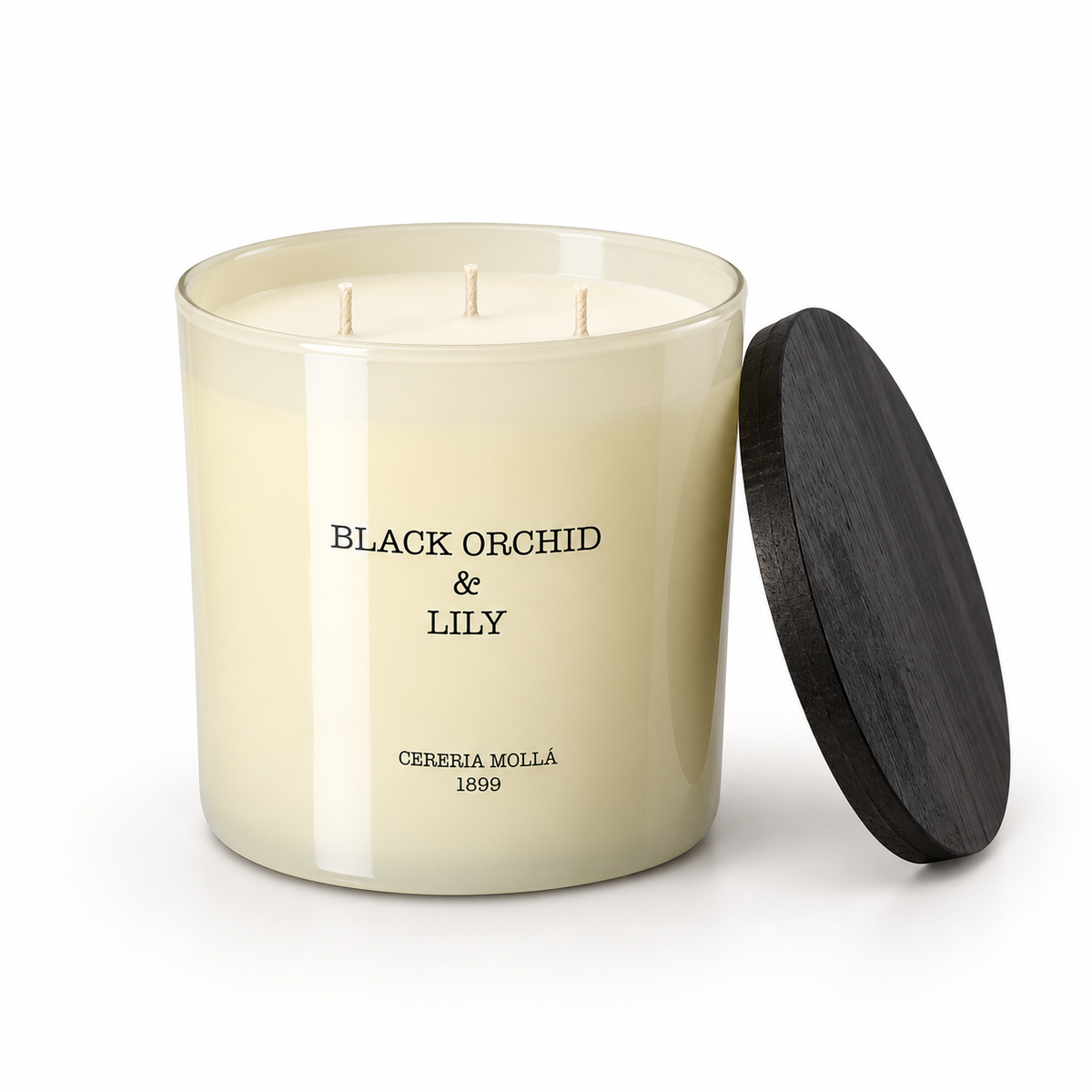 Cereria Molla Black Orchid & Lily 600 g three-wick XL candle, clear product view