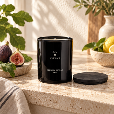 Cereria Molla Fig & Citrus 230 g candle in a sunlit Mediterranean kitchen