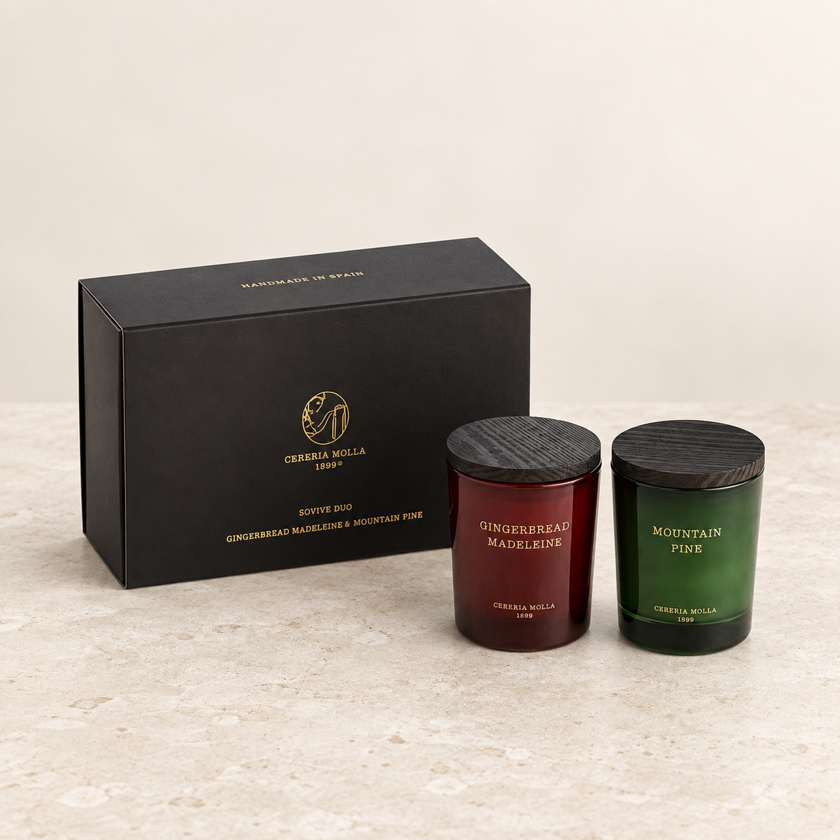 Cereria Molla Holiday Gift Set with Gingerbread Madeleine and Mountain Pine candles, clear product view