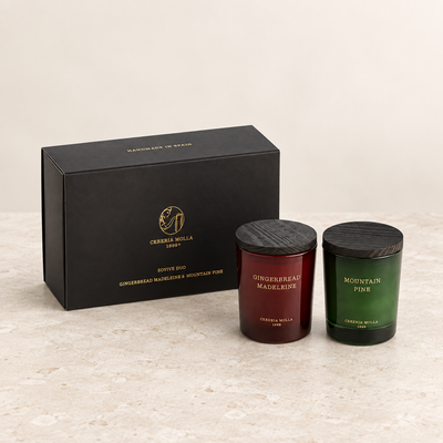 Cereria Molla Holiday Gift Set with Gingerbread Madeleine and Mountain Pine candles, clear product view