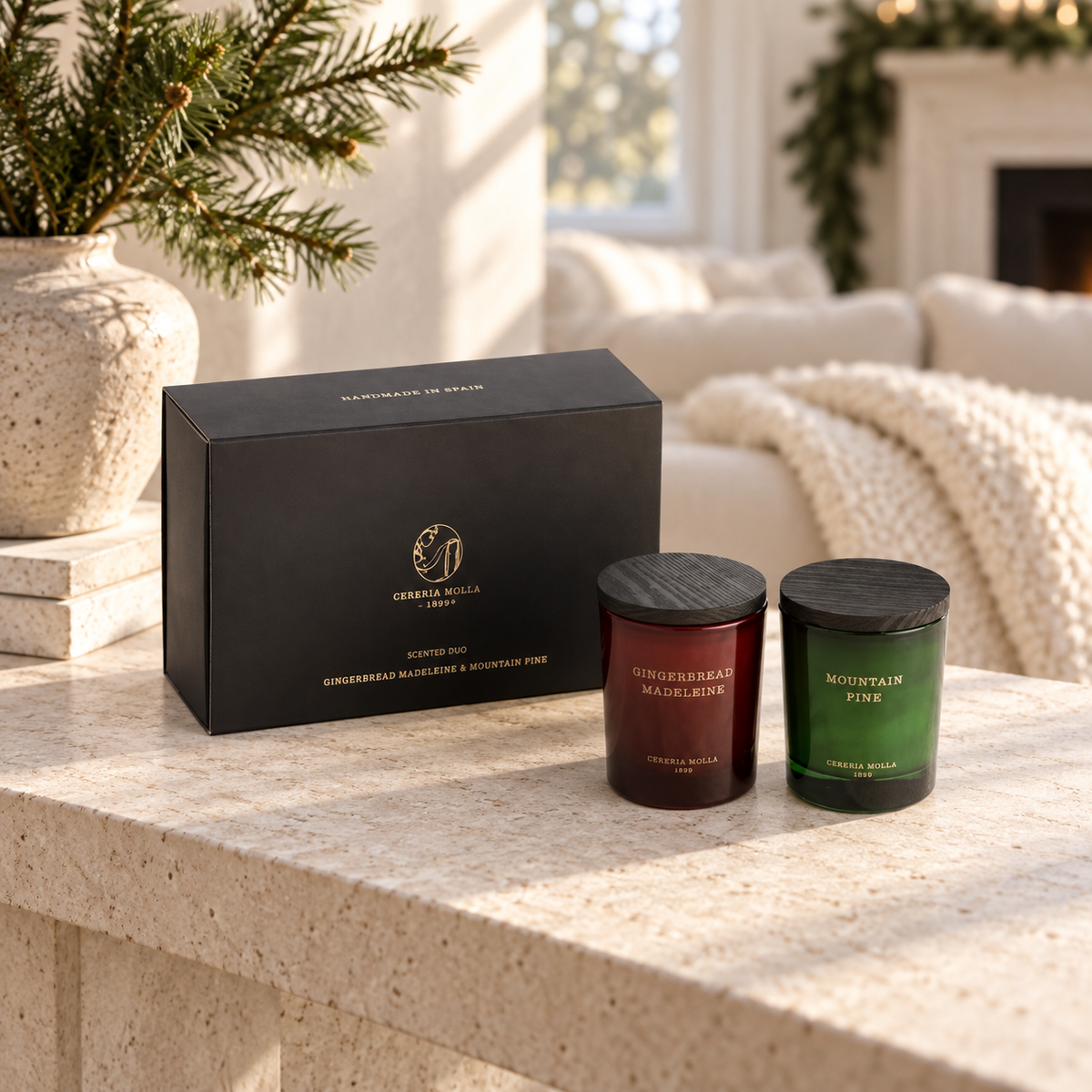 Cereria Molla Holiday Gift Set in an elegant sunlit holiday interior