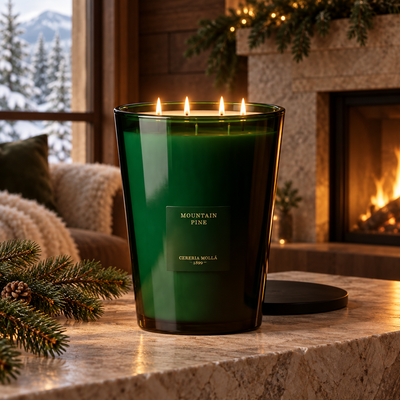 Cereria Molla Mountain Pine XXL candle in a luxury winter chalet