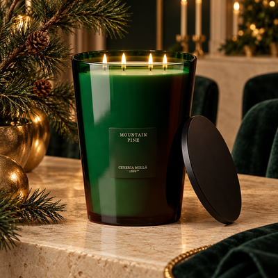 Cereria Molla Mountain Pine XXL candle in an elegant holiday dining room