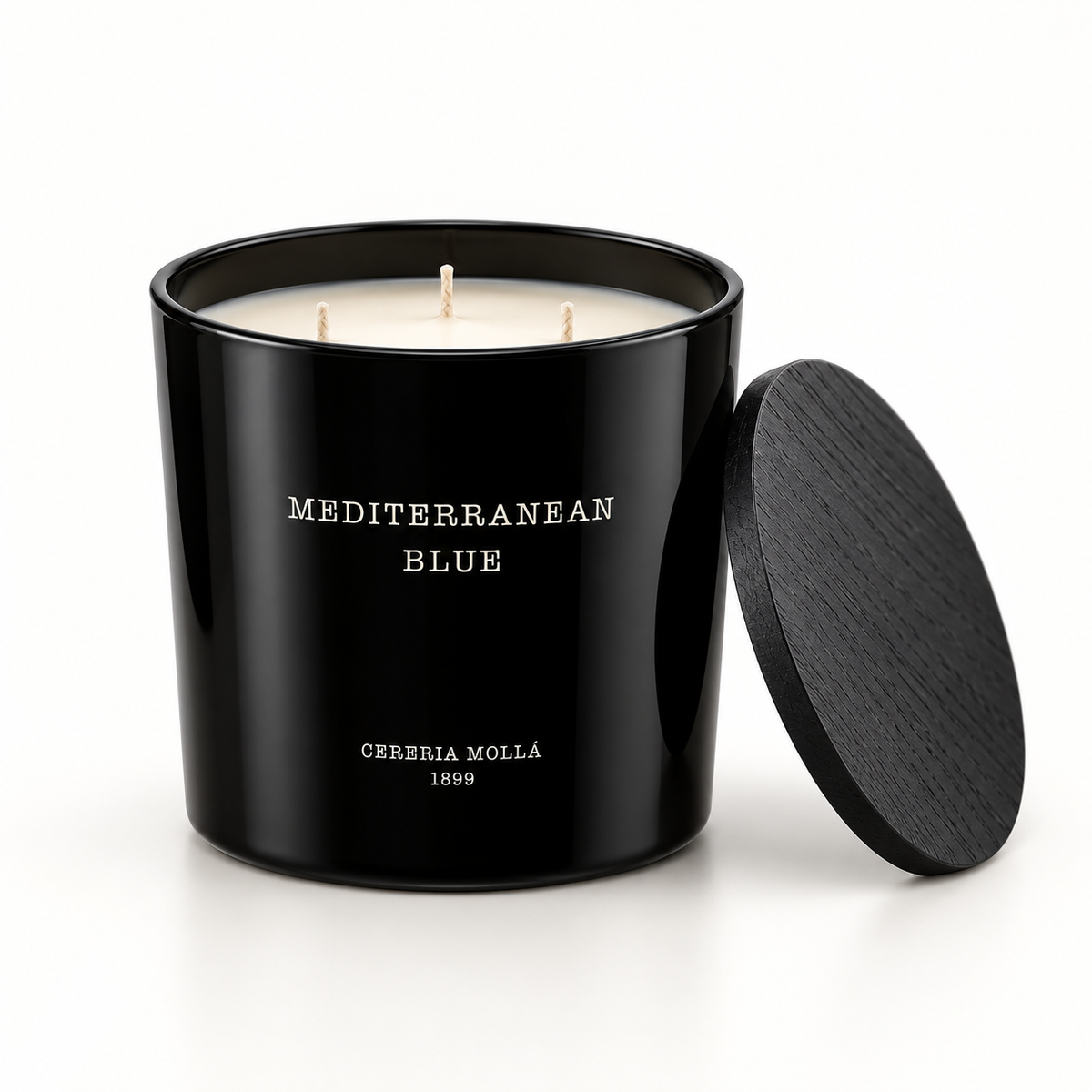 Cereria Molla Mediterranean Blue Black 600 g three-wick XL candle, clear product view