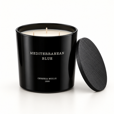 Cereria Molla Mediterranean Blue Black 600 g three-wick XL candle, clear product view
