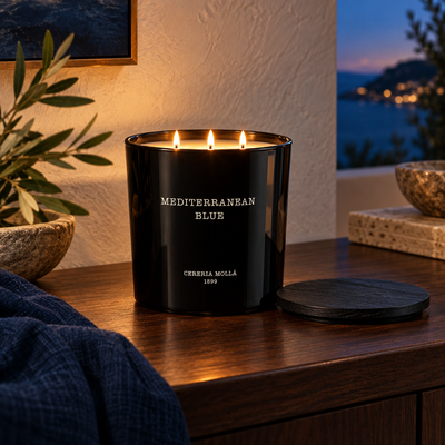 Cereria Molla Mediterranean Blue Black 600 g XL candle in an elegant coastal evening interior