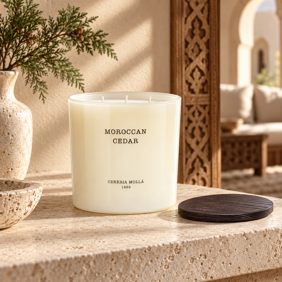 Cereria Molla Moroccan Cedar 600 g XL candle in a sunlit refined living room