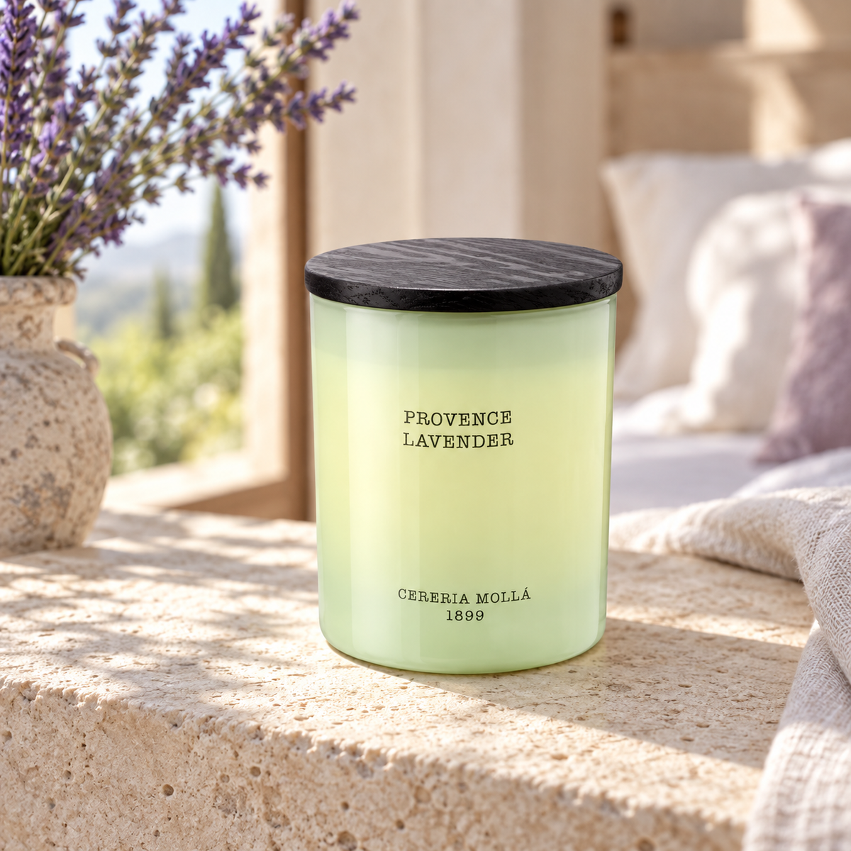 Cereria Molla Provence Lavender 230 g candle in a sunlit luxury interior