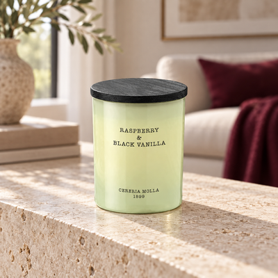 Cereria Molla Raspberry & Black Vanilla 230 g candle in a sunlit luxury interior