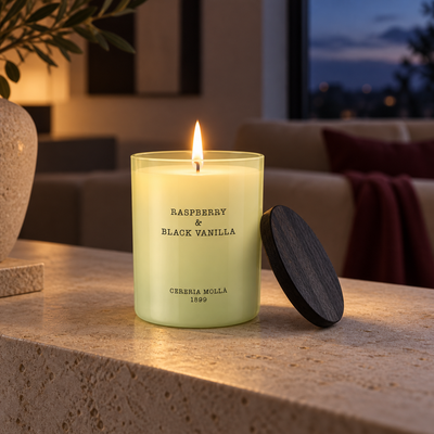 Cereria Molla Raspberry & Black Vanilla 230 g candle in an elegant evening interior